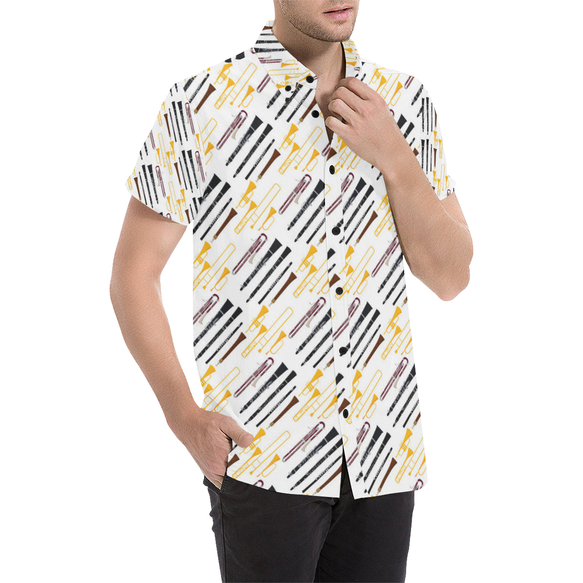 Clarinet Pattern Print Design 01 Men's Short Sleeve Button Up Shirt