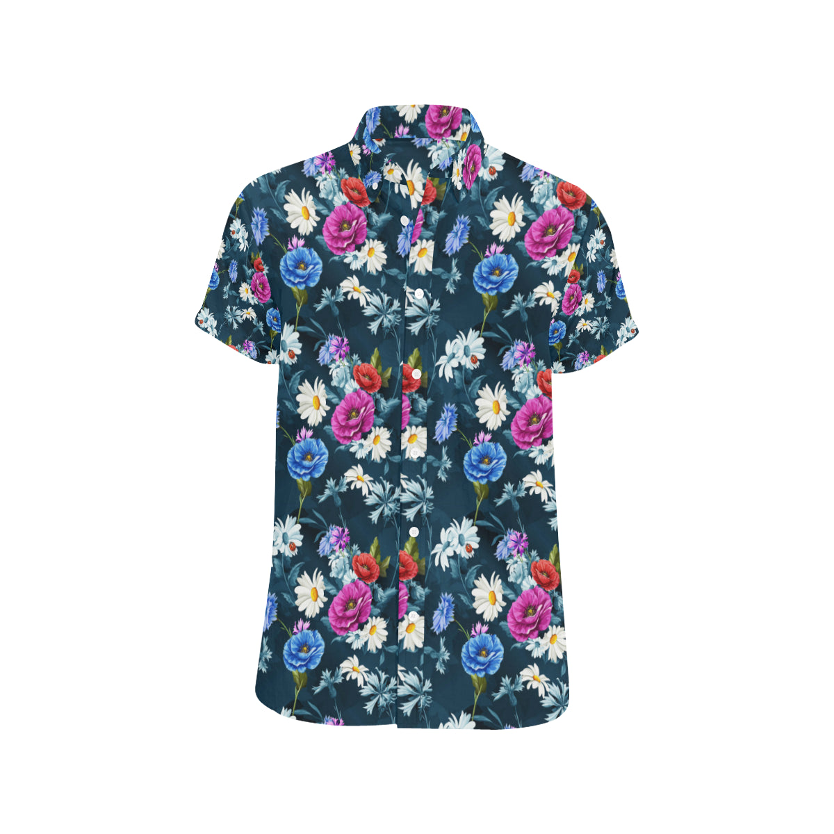Floral Blue Themed Print Men's Short Sleeve Button Up Shirt