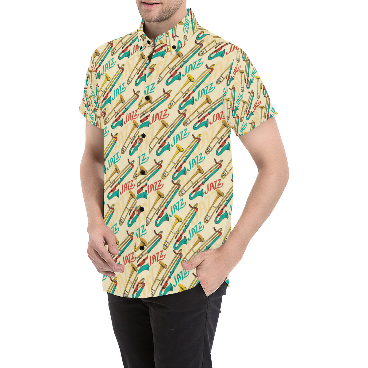 Trombone Pattern Print Design 03 Men's Short Sleeve Button Up Shirt