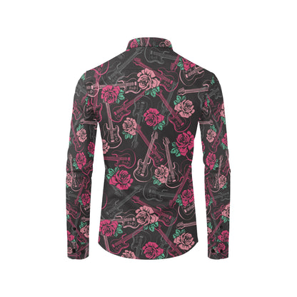 Bass Guitar Pink Rose Pattern Print Design 01 Men's Long Sleeve Shirt