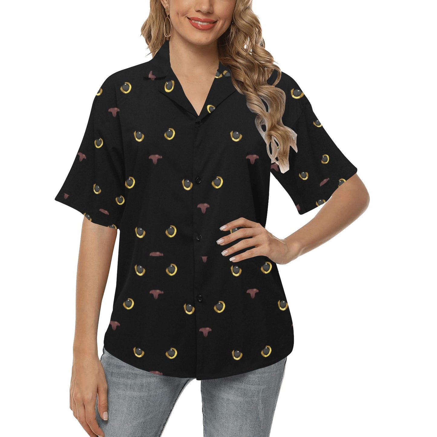 Black Cat Face Print Pattern Women's Hawaiian Shirt