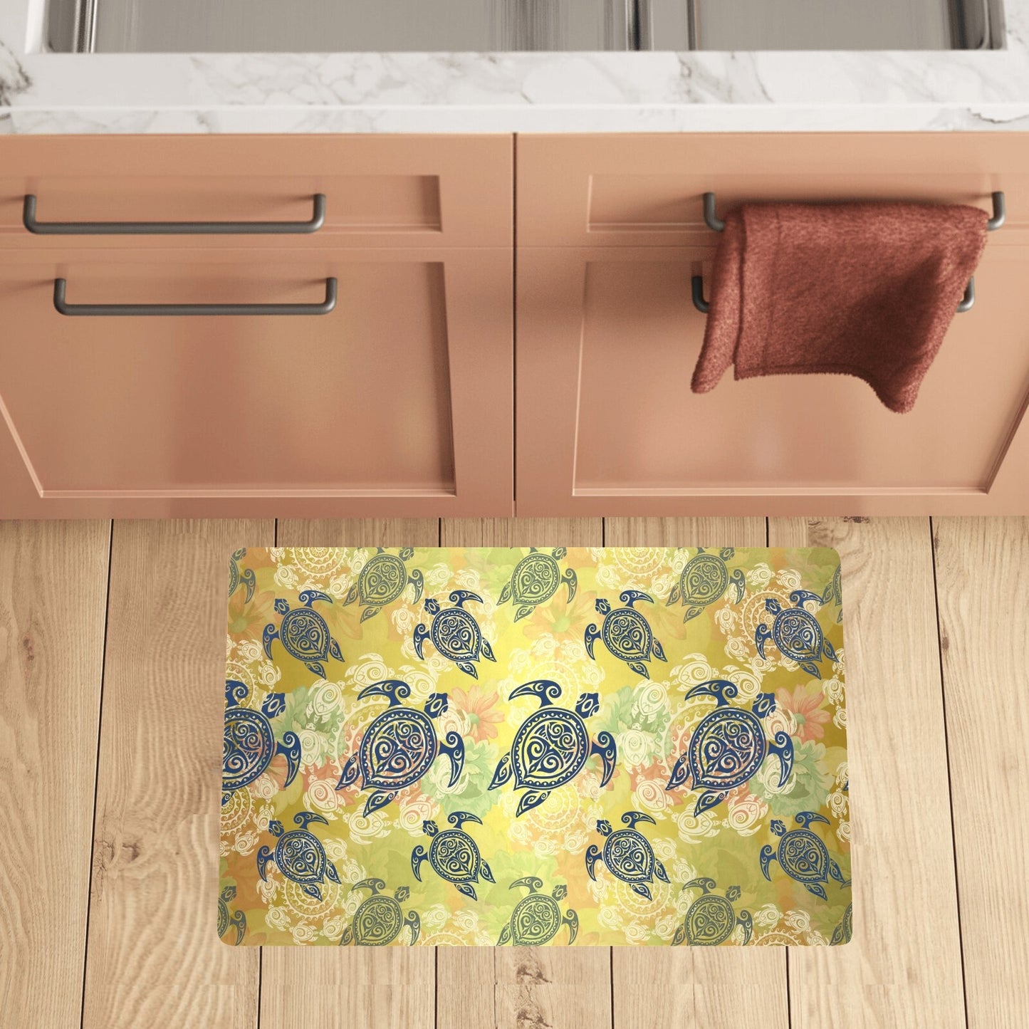 Hawaiian Turtle Tribal Design Print Kitchen Mat