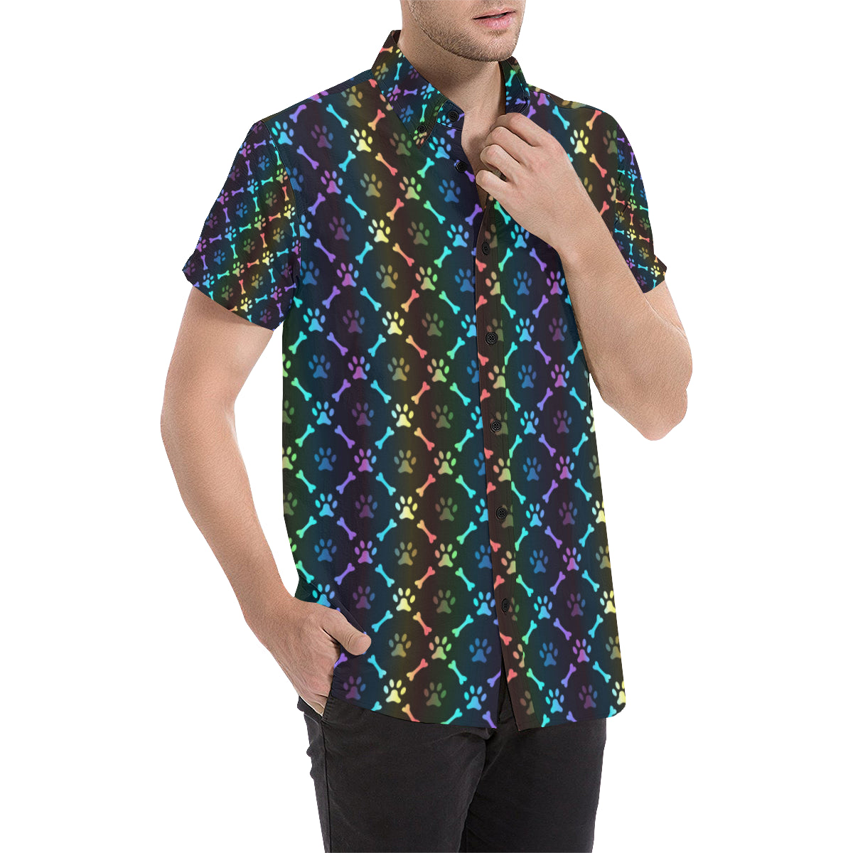 Paw Rainbow Print Men's Short Sleeve Button Up Shirt