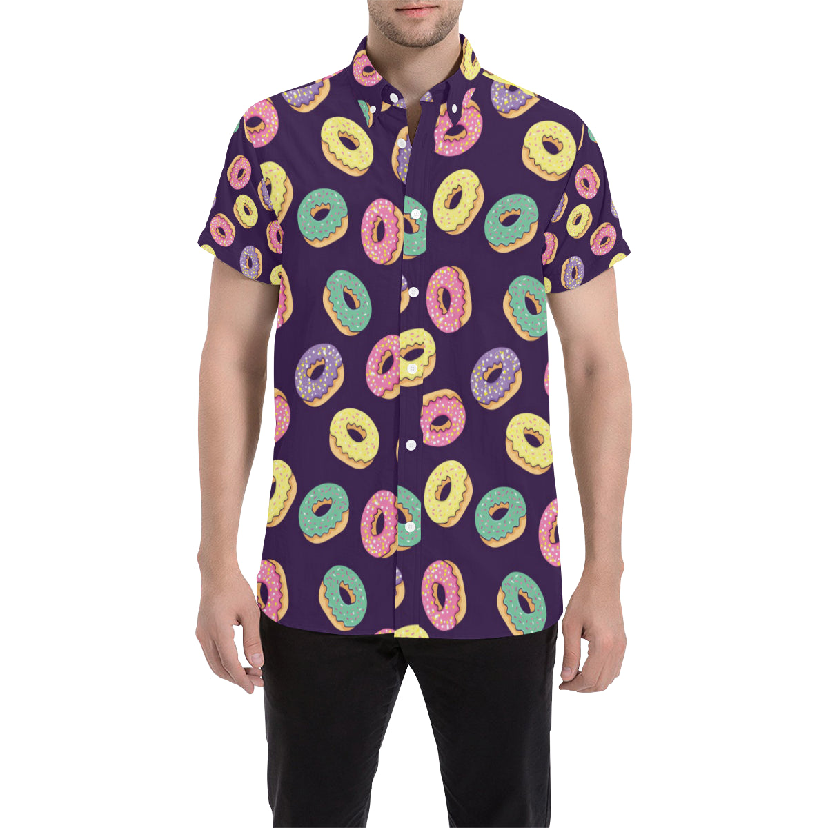 Donut Pattern Print Design DN08 Men's Short Sleeve Button Up Shirt