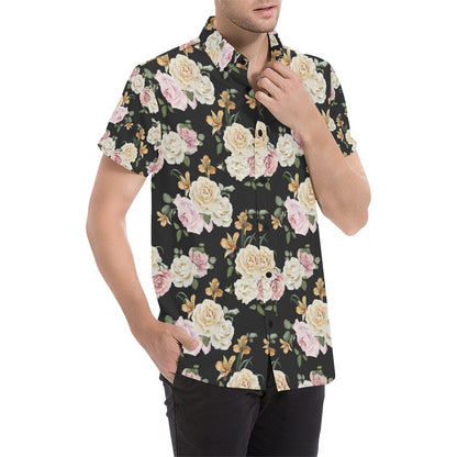 Rose Pattern Print Design A01 Men's Short Sleeve Button Up Shirt