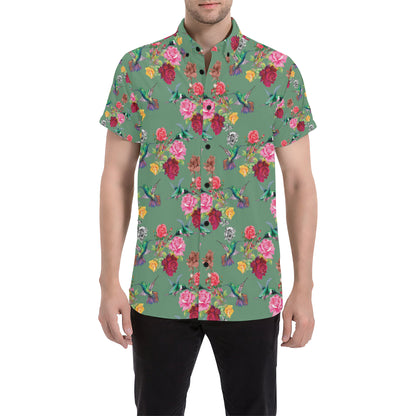 Hummingbird with Rose Themed Print Men's Short Sleeve Button Up Shirt