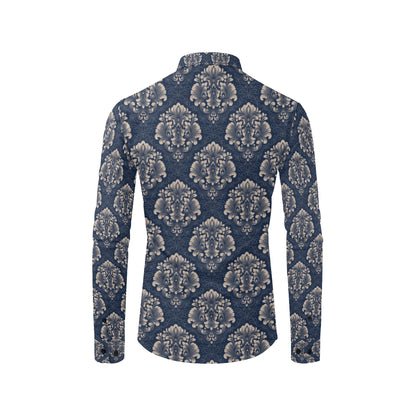 Damask Blue Luxury Print Pattern Men's Long Sleeve Shirt