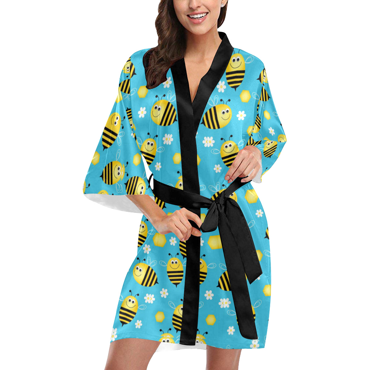 Bee Pattern Print Design BEE06 Women's Short Kimono
