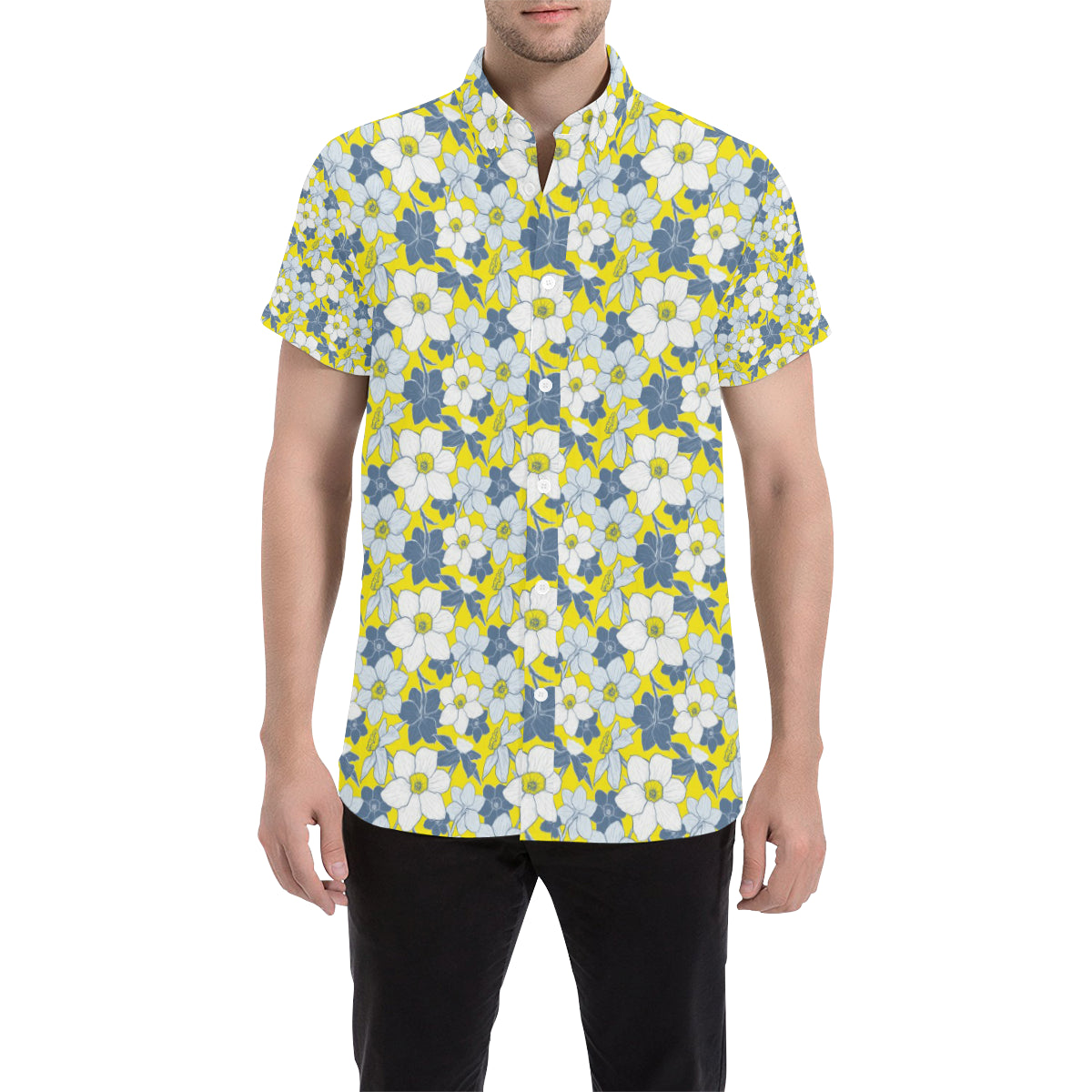 Daffodils Pattern Print Design 01 Men's Short Sleeve Button Up Shirt