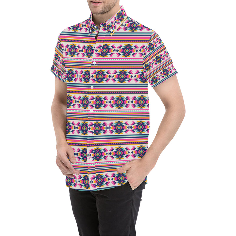 Indian Navajo Neon Themed Design Print Men's Short Sleeve Button Up Shirt