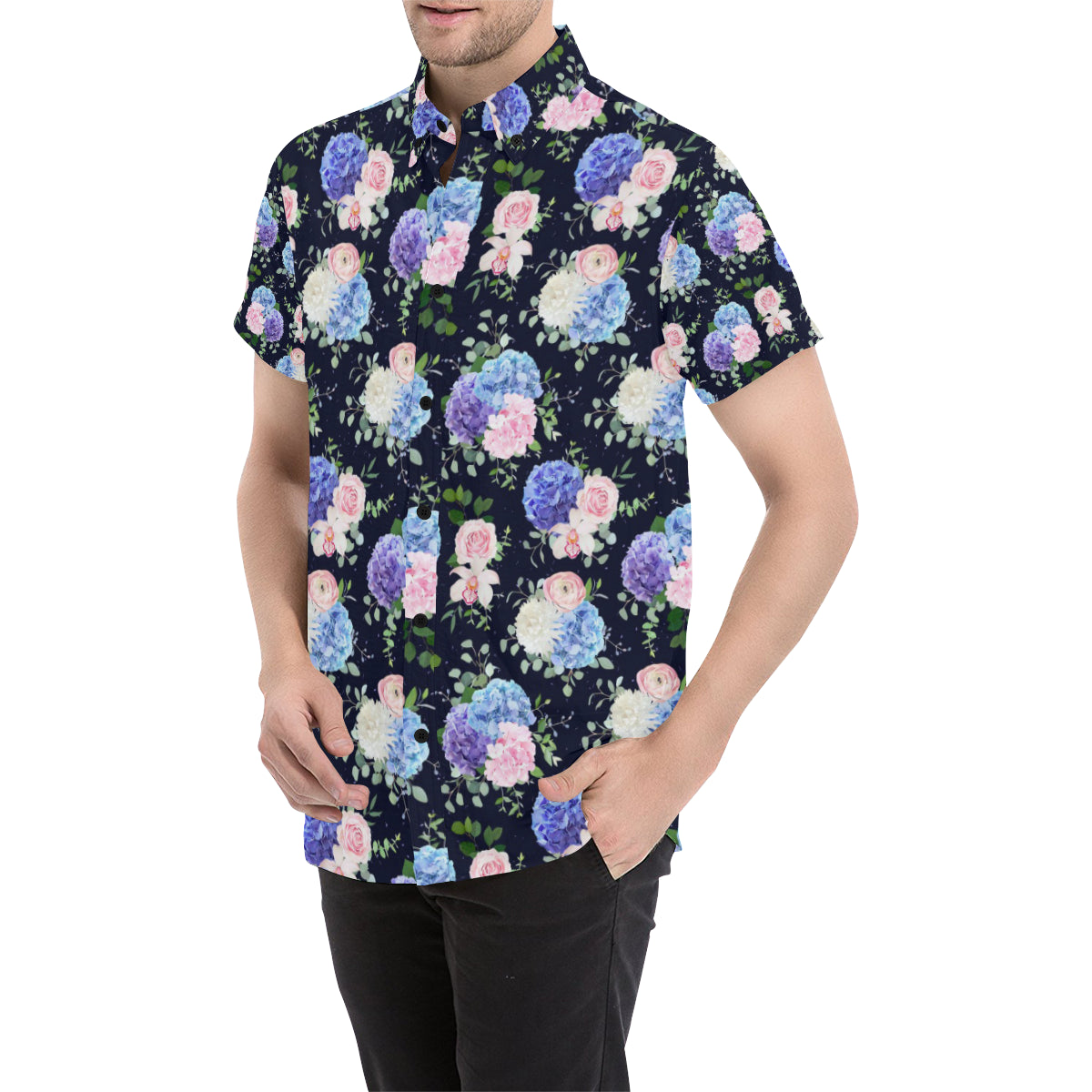 Hydrangea Pattern Print Design HD01 Men's Short Sleeve Button Up Shirt