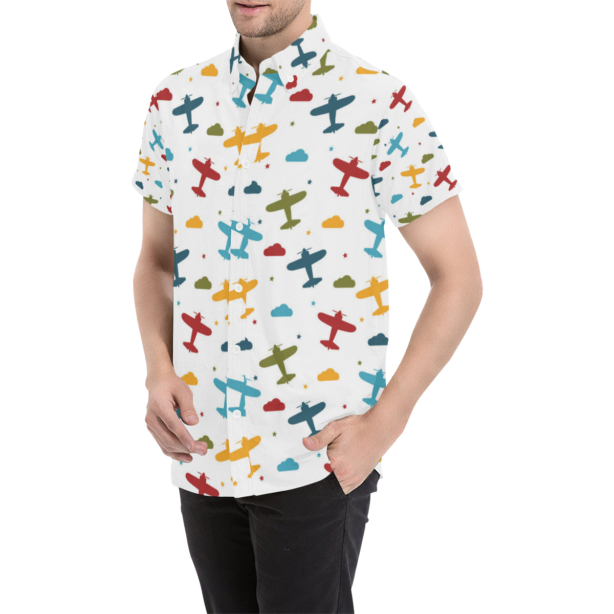 Airplane Pattern Print Design 06 Men's Short Sleeve Button Up Shirt