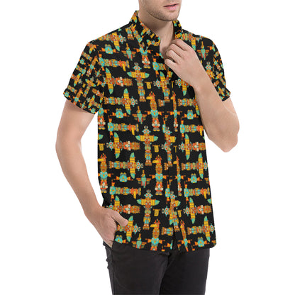 Totem Pole Cartoon Print Men's Short Sleeve Button Up Shirt