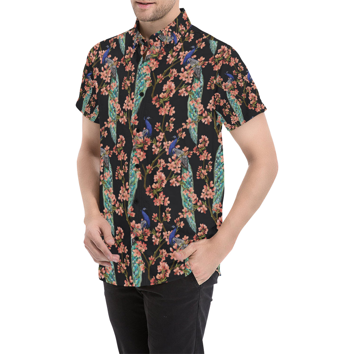 Peacock Pattern Print Design A01 Men's Short Sleeve Button Up Shirt
