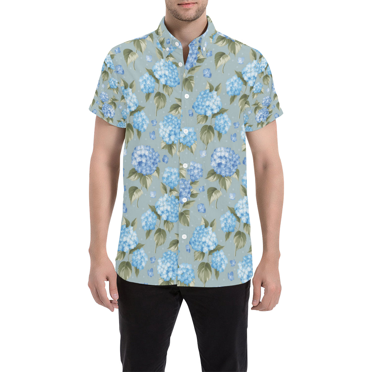 Hydrangea Pattern Print Design 01 Men's Short Sleeve Button Up Shirt
