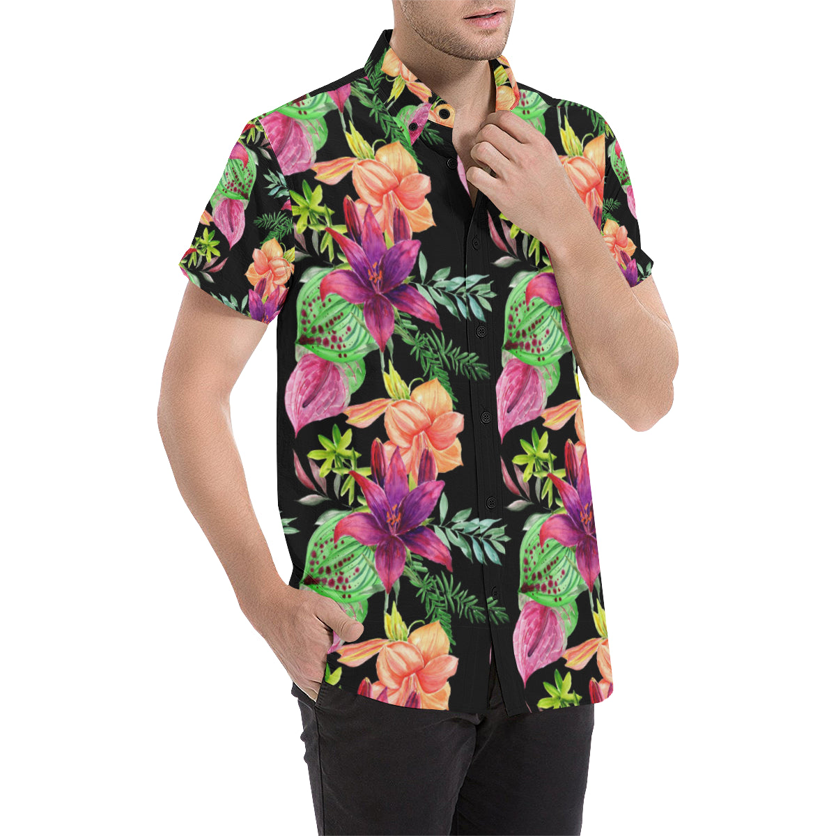 Amaryllis Pattern Print Design AL09 Men's Short Sleeve Button Up Shirt
