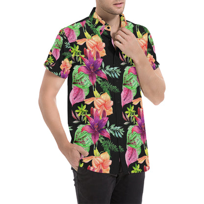Amaryllis Pattern Print Design AL09 Men's Short Sleeve Button Up Shirt