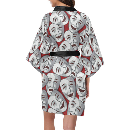 Acting Mask Pattern Print Design 01 Women's Short Kimono