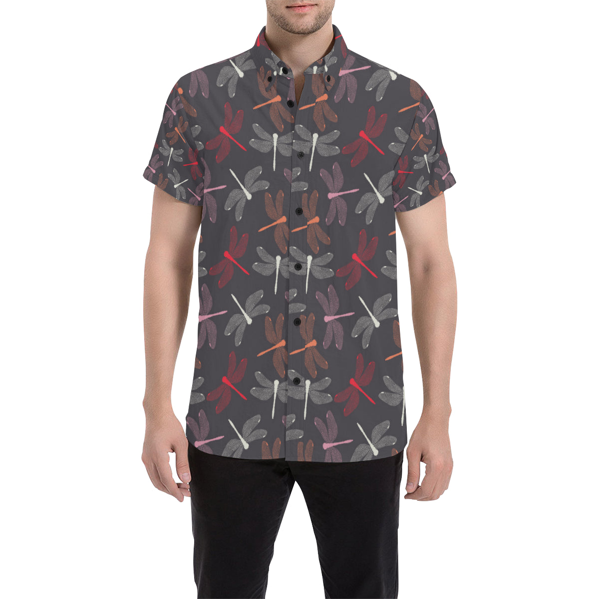 Dragonfly Pattern Print Design 01 Men's Short Sleeve Button Up Shirt