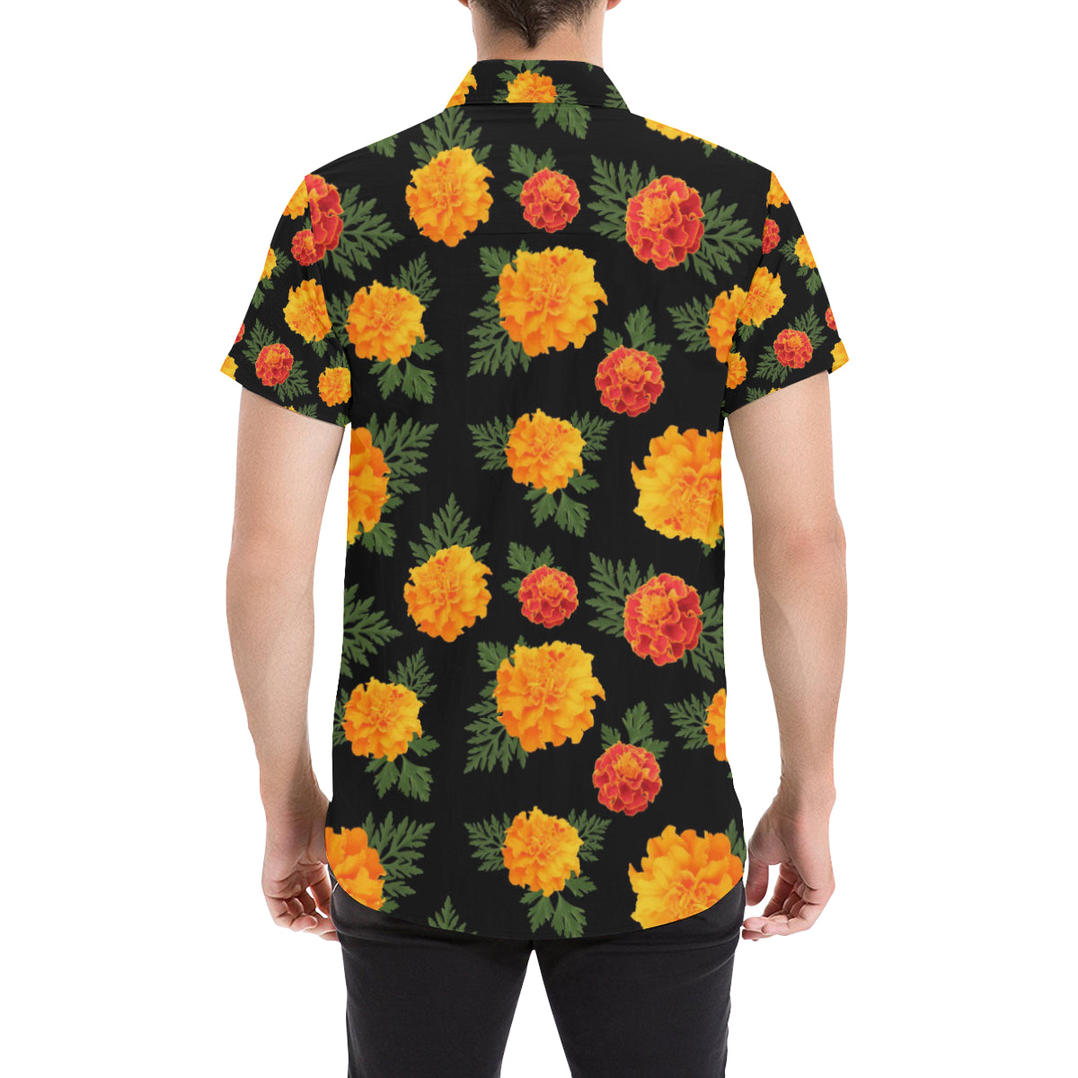 Marigold Pattern Print Design MR05 Men's Short Sleeve Button Up Shirt