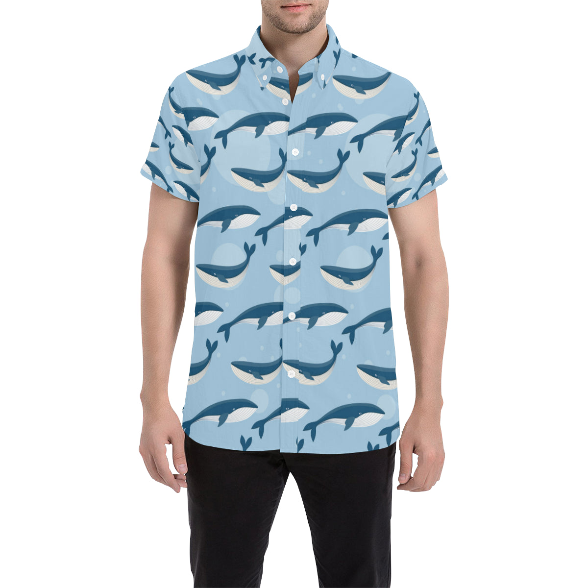 Blue Whale Pattern Print Design 02 Men's Short Sleeve Button Up Shirt