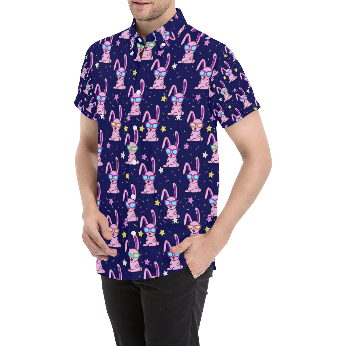 Rabbit Baby Pattern Print Design RB015 Men's Short Sleeve Button Up Shirt