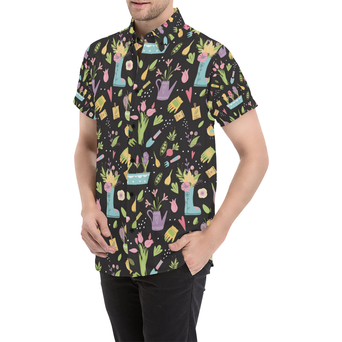 Gardening Pattern Print Design G03 Men's Short Sleeve Button Up Shirt