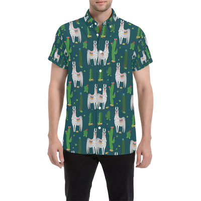 Llama Cactus Pattern Print Design 013 Men's Short Sleeve Button Up Shirt