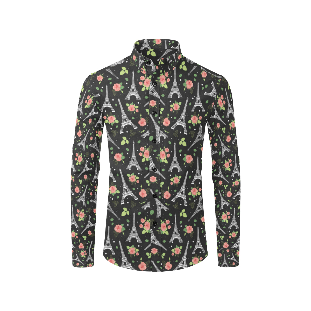 Eiffel Tower Rose Print Men's Long Sleeve Shirt