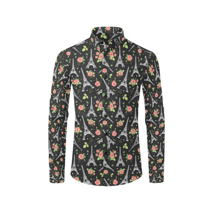 Eiffel Tower Rose Print Men's Long Sleeve Shirt