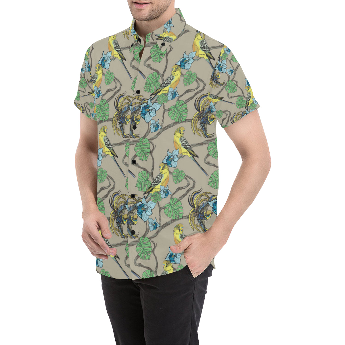 Parakeet Pattern Print Design A02 Men's Short Sleeve Button Up Shirt