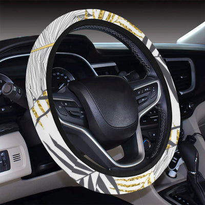 Gold Glitter Tropical Palm Leaves Steering Wheel Cover with Elastic Edge