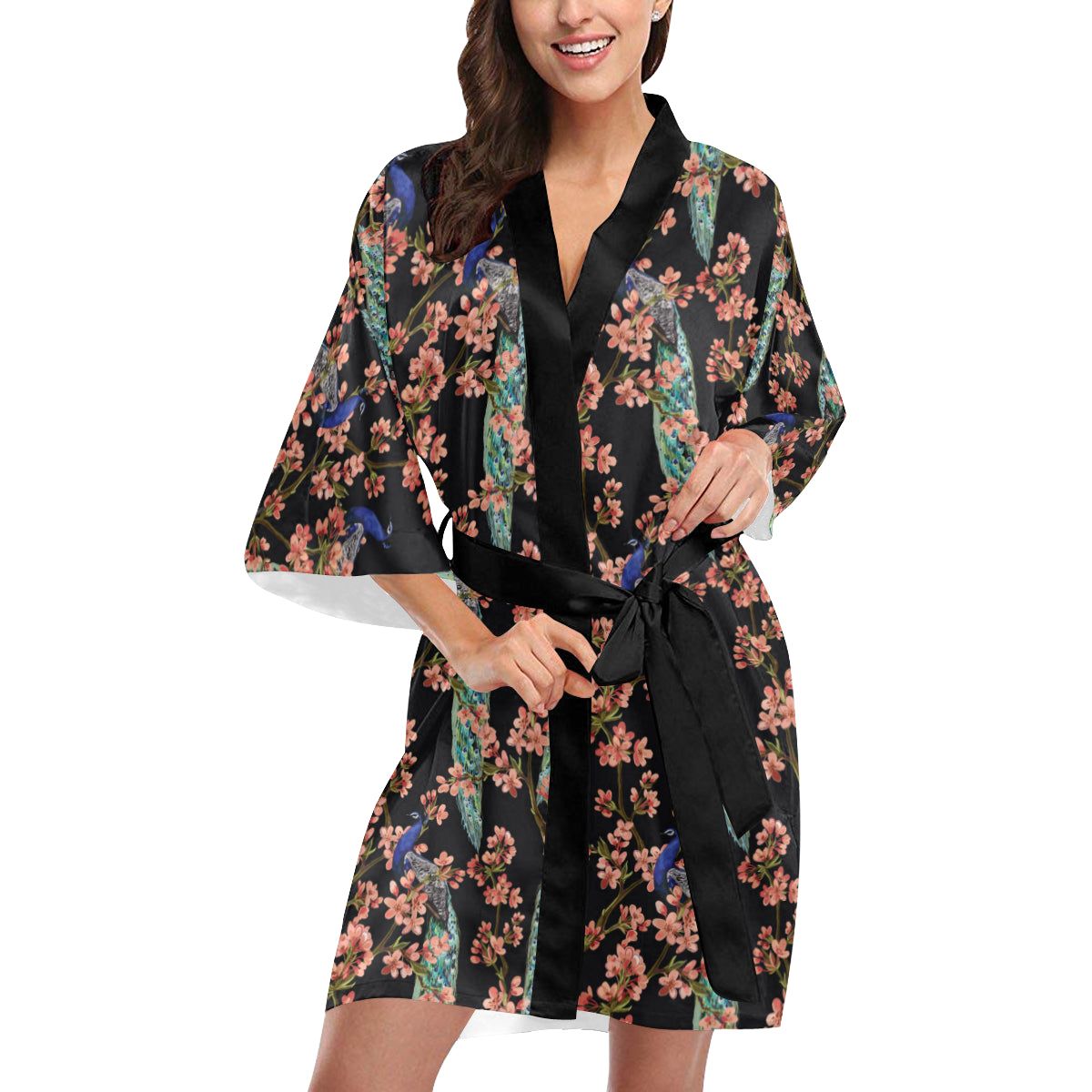 Peacock Pattern Print Design A01 Women's Short Kimono