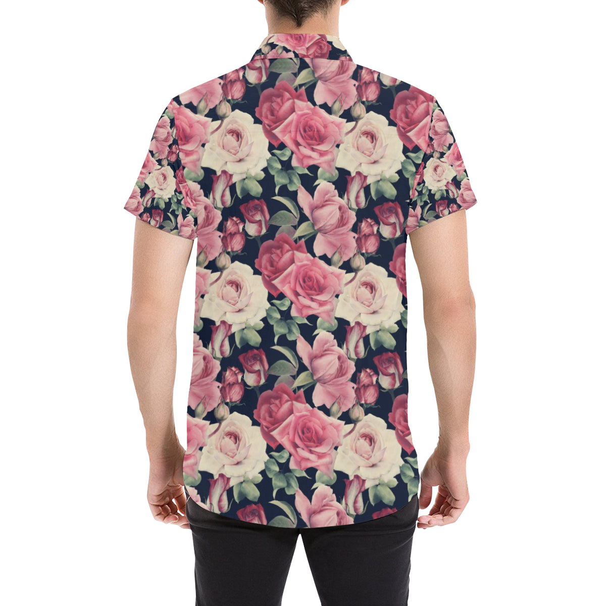 Rose Pattern Print Design RO05 Men's Short Sleeve Button Up Shirt