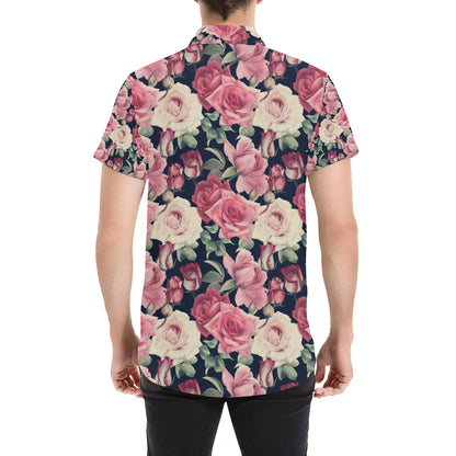 Rose Pattern Print Design RO05 Men's Short Sleeve Button Up Shirt