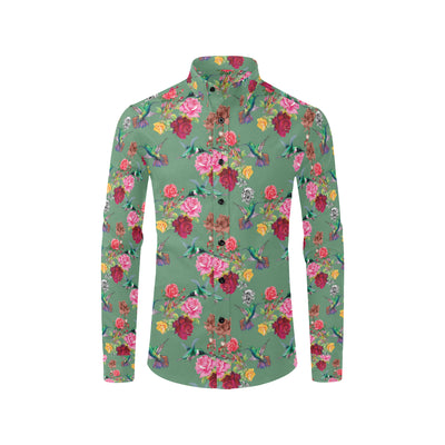 Hummingbird with Rose Themed Print Men's Long Sleeve Shirt