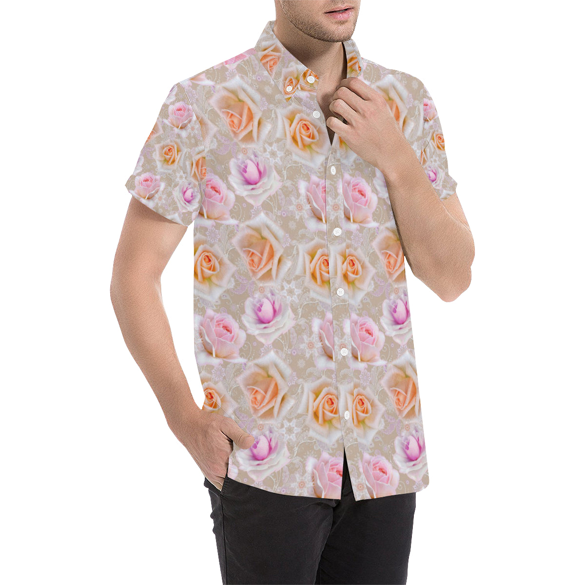 Rose Pattern Print Design RO011 Men's Short Sleeve Button Up Shirt