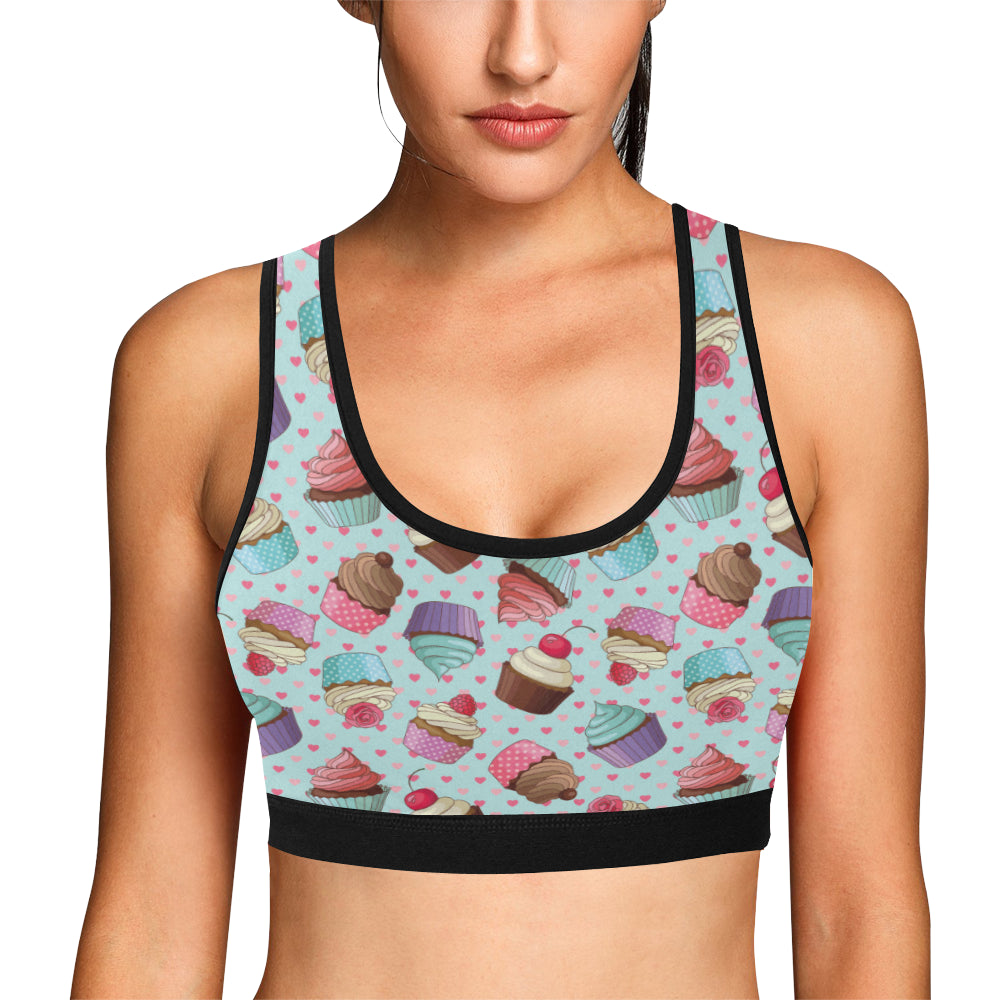 Cupcakes Fancy Heart Print Pattern Sports Bra