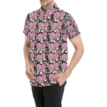 Dahlia Pattern Print Design 02 Men's Short Sleeve Button Up Shirt
