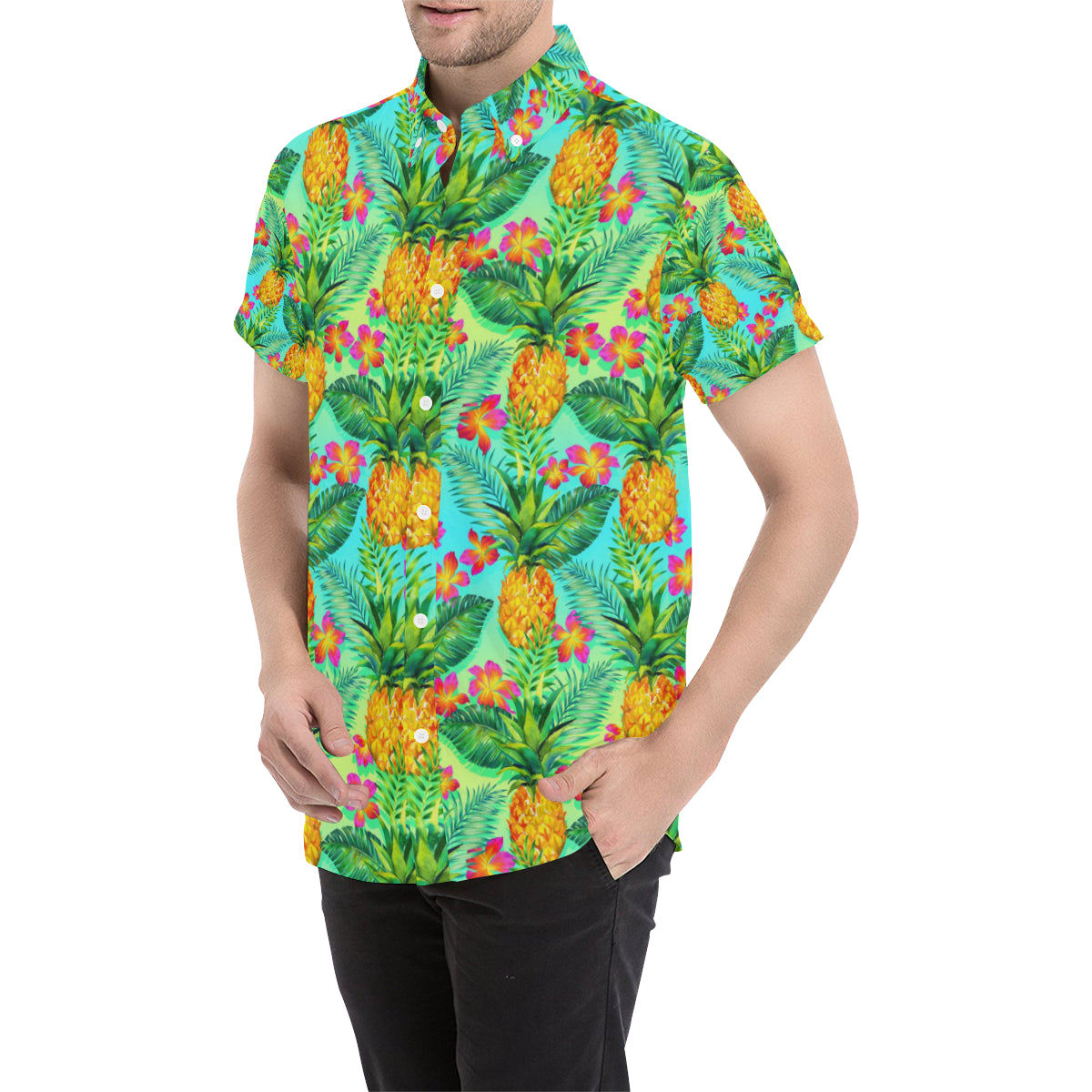 Pineapple Pattern Print Design PP010 Men's Short Sleeve Button Up Shirt