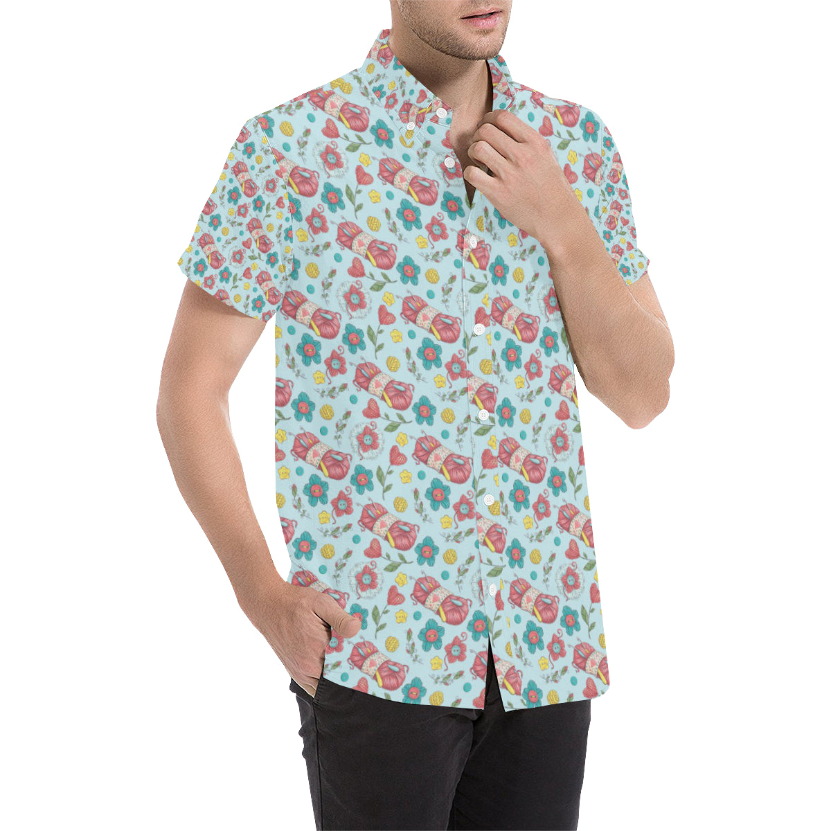 Crochet Pattern Print Design 01 Men's Short Sleeve Button Up Shirt