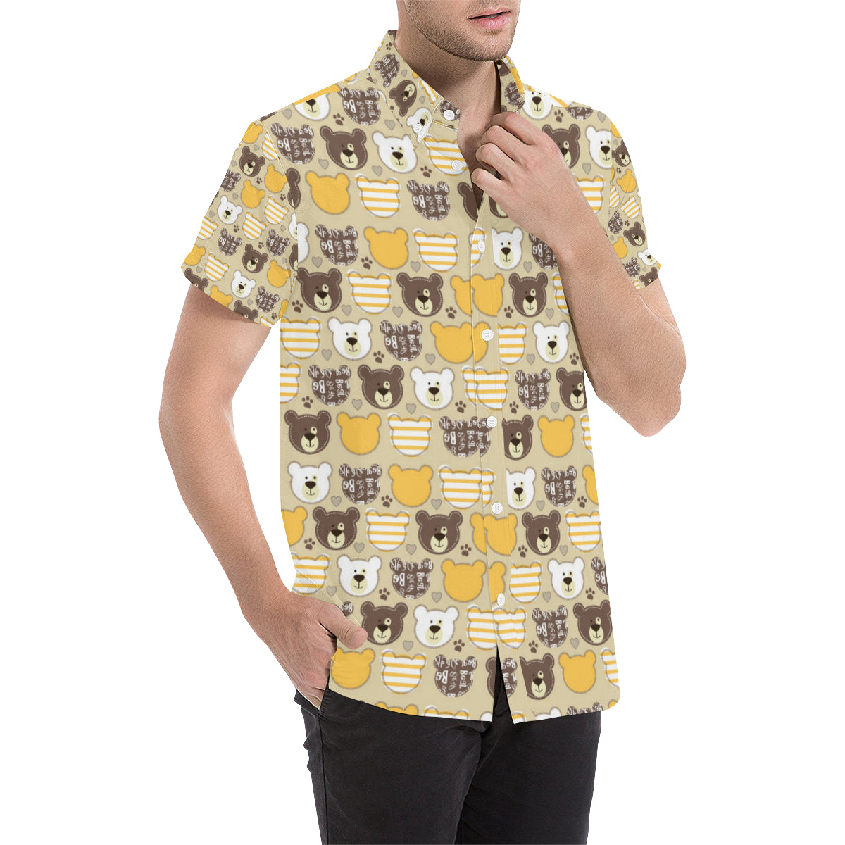 Bear PatchworkPattern Print Design 01 Men's Short Sleeve Button Up Shirt