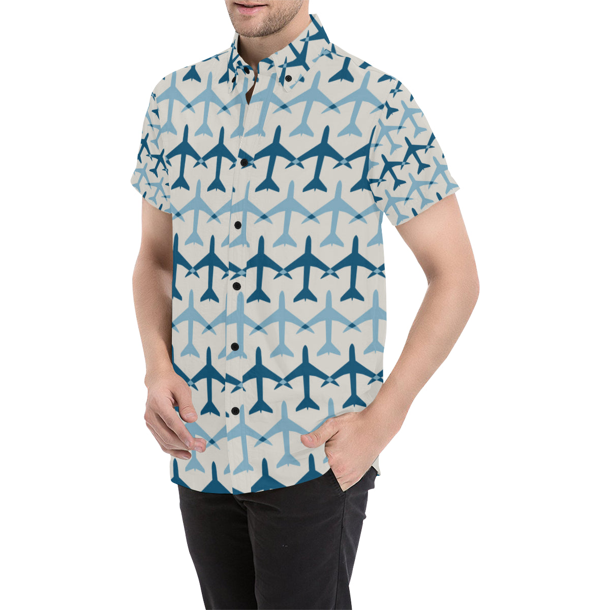 Airplane Pattern Print Design 04 Men's Short Sleeve Button Up Shirt