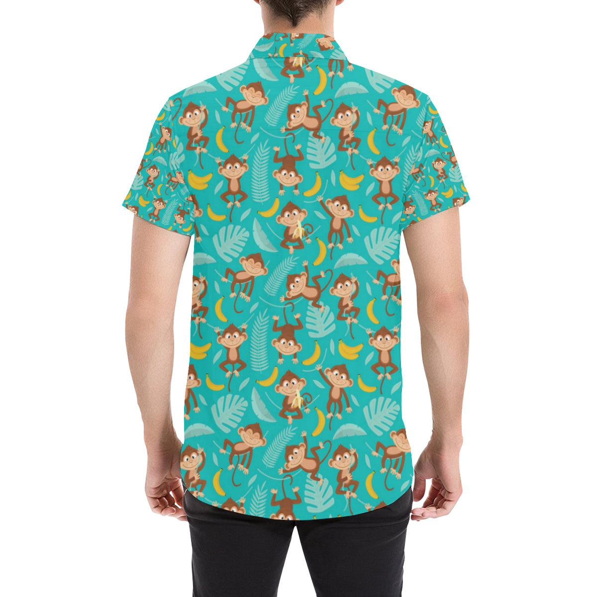 Monkey Happy Design Themed Print Men's Short Sleeve Button Up Shirt