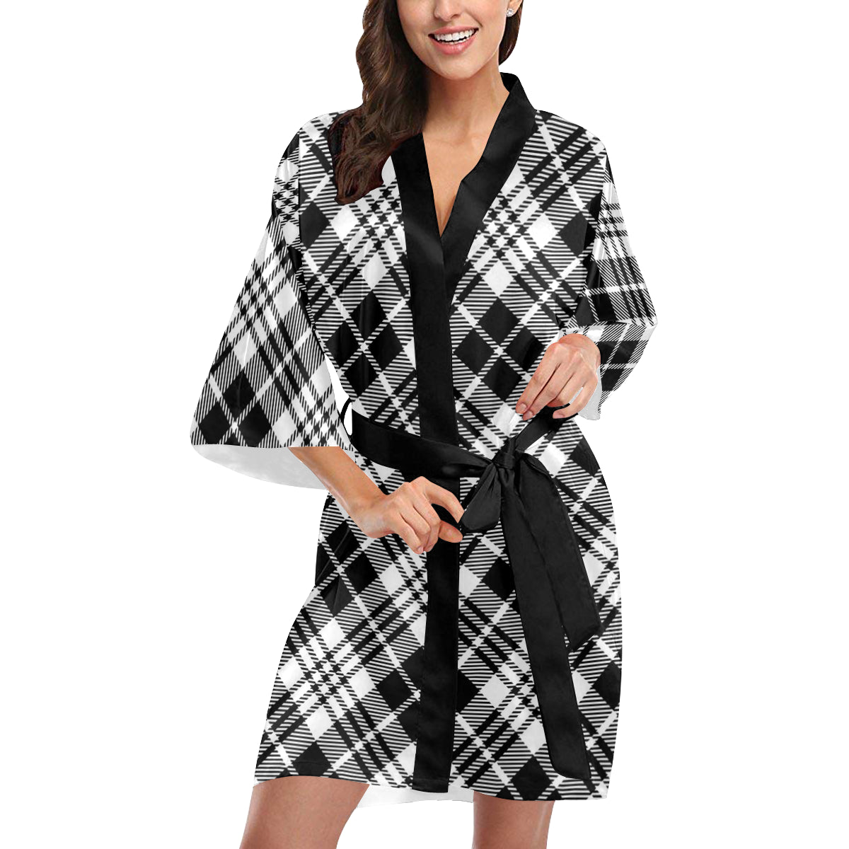 Plaid Black White Pattern Print Design A02 Women's Short Kimono