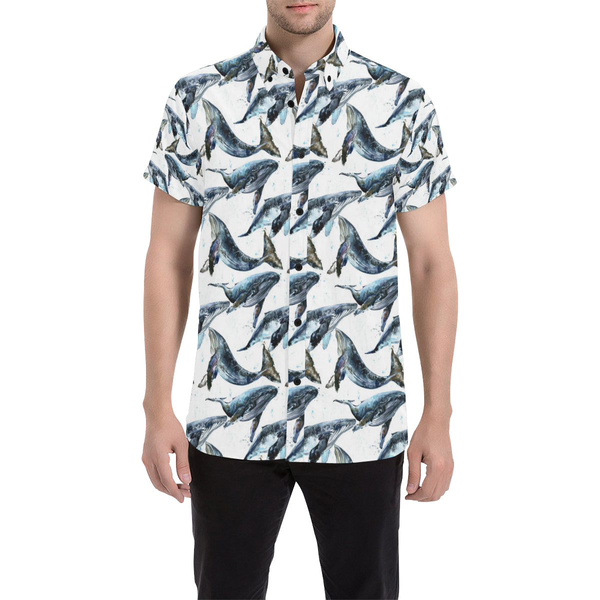Blue Whale Pattern Print Design 03 Men's Short Sleeve Button Up Shirt