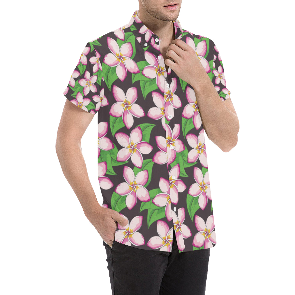 Pink Plumeria Pattern Print Design PM019 Men's Short Sleeve Button Up Shirt