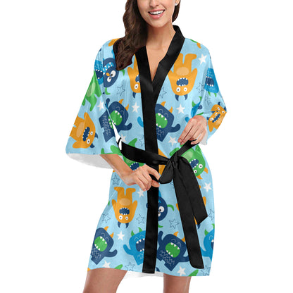 Monster Cartoon Pattern Print Design 04 Women's Short Kimono