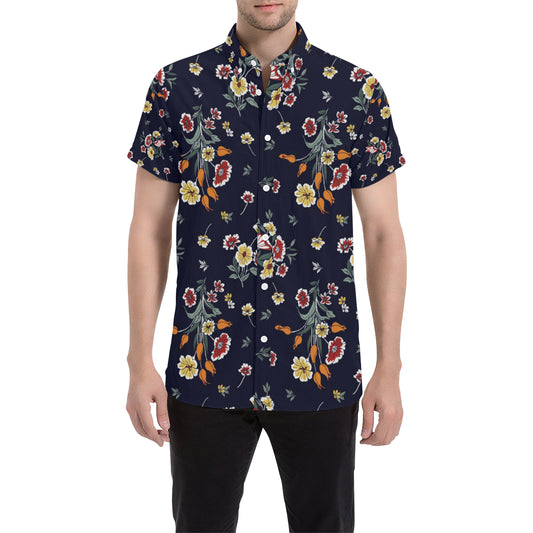 Summer Floral Pattern Print Design SF01 Men's Short Sleeve Button Up Shirt