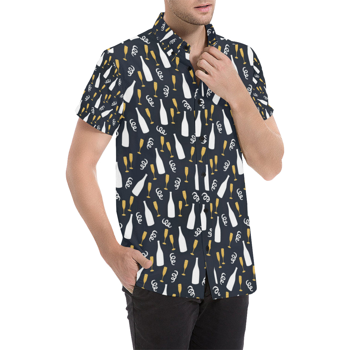 Champagne Pattern Print Design 01 Men's Short Sleeve Button Up Shirt
